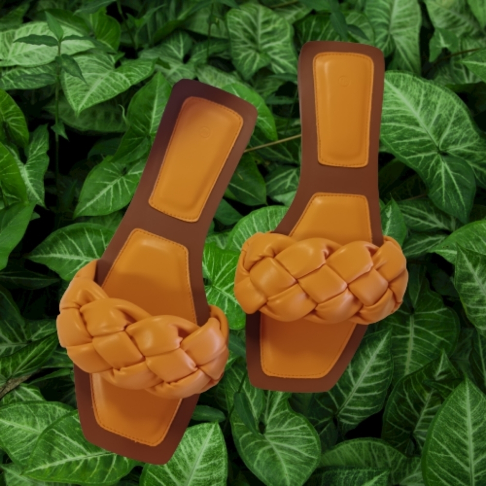 VETASTE ZBY Women's Square Open Toe Braided Leather Orange Slip On Slide Shoe